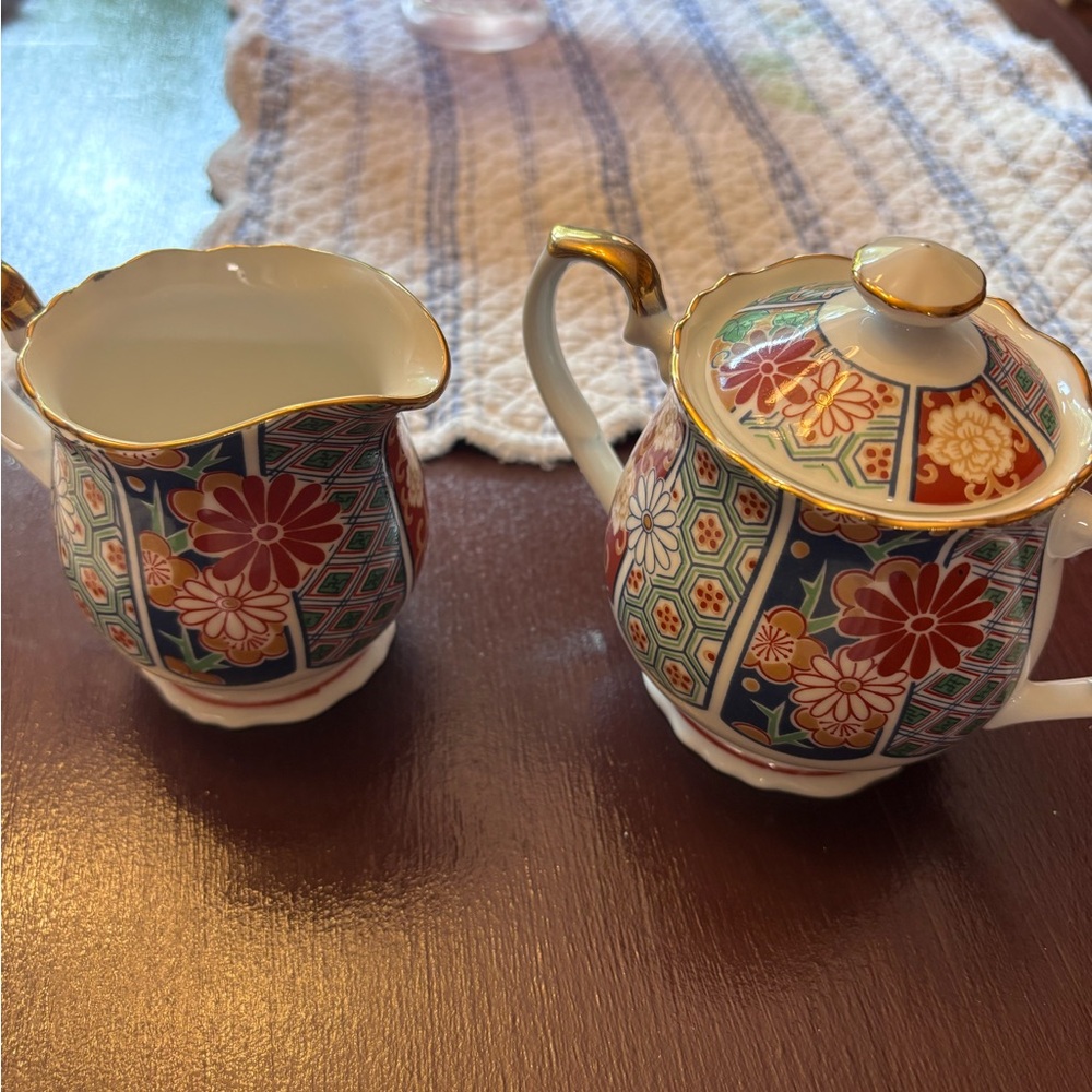 Floral Teapot and Creamer Set with Gold Accents